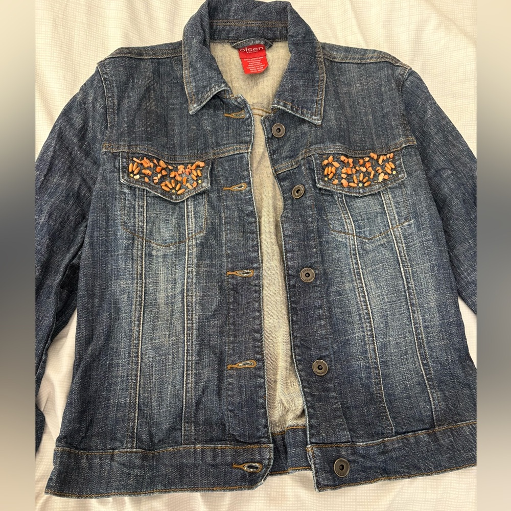 Olsen Europe Women's Blue Jean Jacket with Embellished Pockets
